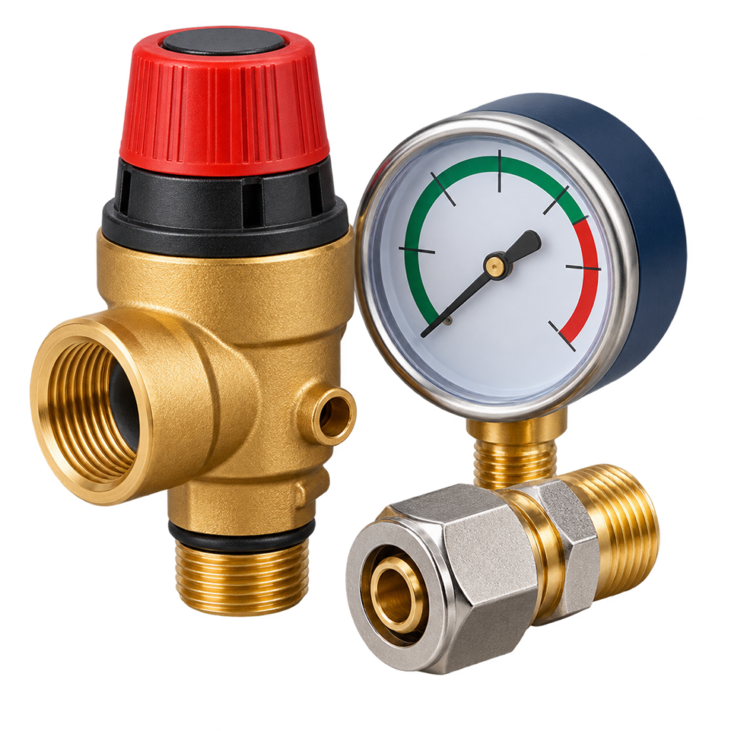 Illustration générique de composants hydrauliques et de sécurité pour chauffage gaz